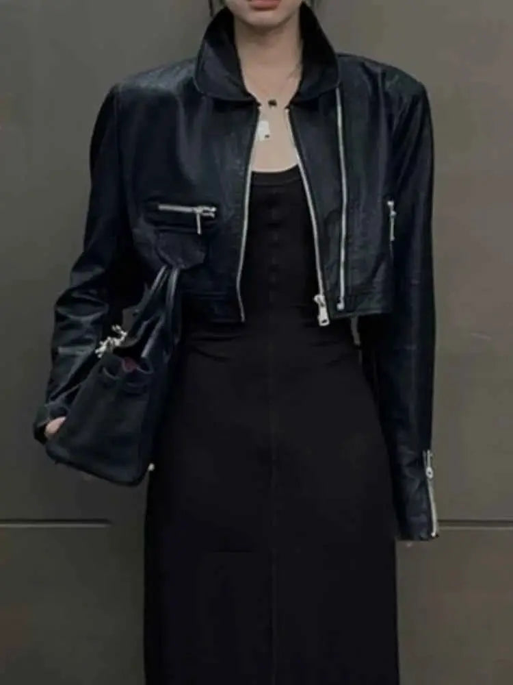 Punk Cropped Black Leather Jacket For Women Zipper Moto Biker Outerwear High Street Irregular Leather Coat New