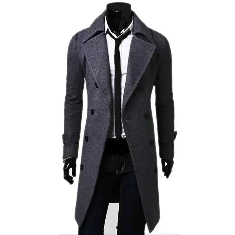 Mens Double Breasted Wool Blend Trench Coat For Autumn Winter 2025 Solid Slim Fit Long Jacket Fashion Casual Clothing