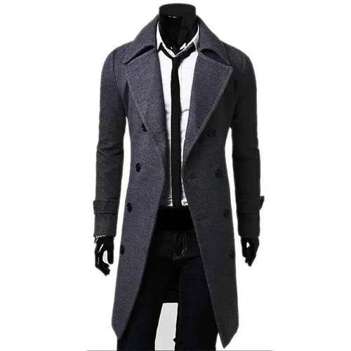 Mens Double Breasted Wool Blend Trench Coat For Autumn Winter 2025 Solid Slim Fit Long Jacket Fashion Casual Clothing