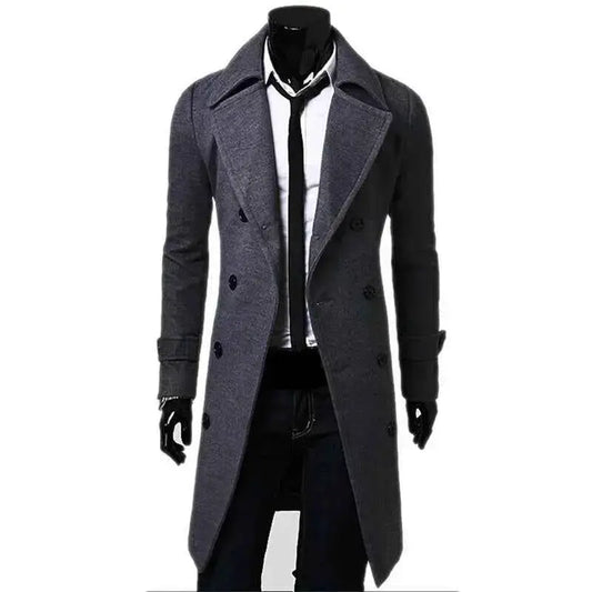 Mens Double Breasted Wool Blend Trench Coat For Autumn Winter 2025 Solid Slim Fit Long Jacket Fashion Casual Clothing
