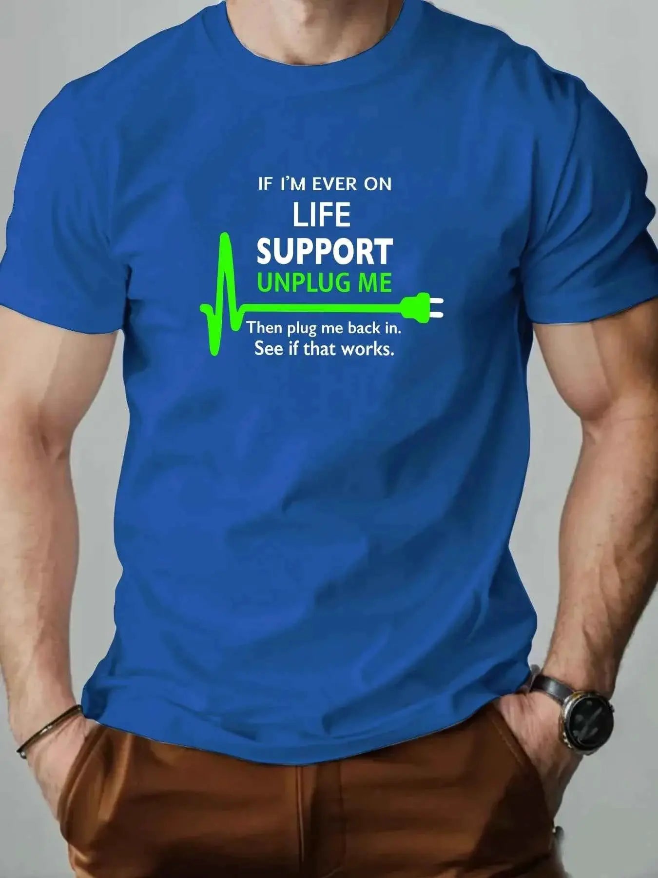 100 Percent Cotton Mens Round Neck T Shirt Life Support Unplug Socket Graphic Print Breathable Casual Oversized Tee