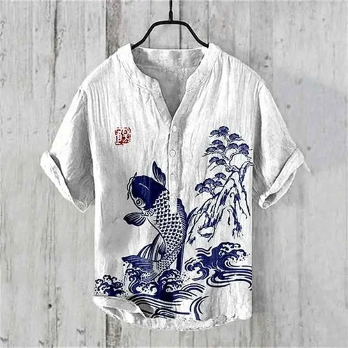 Summer Linen Blend Men's V Neck Short Sleeve T Shirt With The Great Wave Off Kanagawa Print
