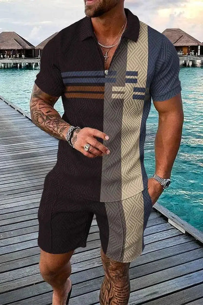 Mens Summer Tracksuit Set 3D Printed Casual Short Sleeve T Shirt With Lapel Zip Polo For Jogging