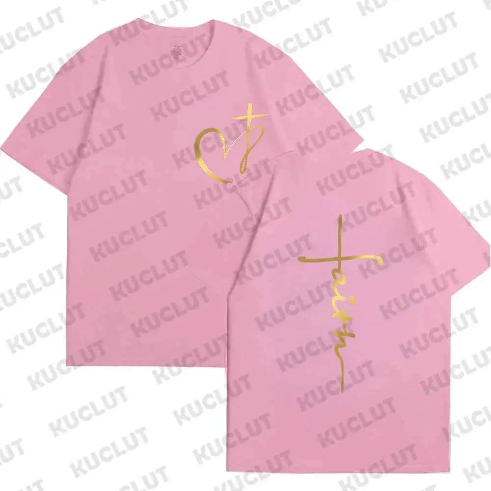 Women's Summer T Shirt Heart Cross Print Faith Jesus Tee Short Sleeve Top Fashion Brand Clothing