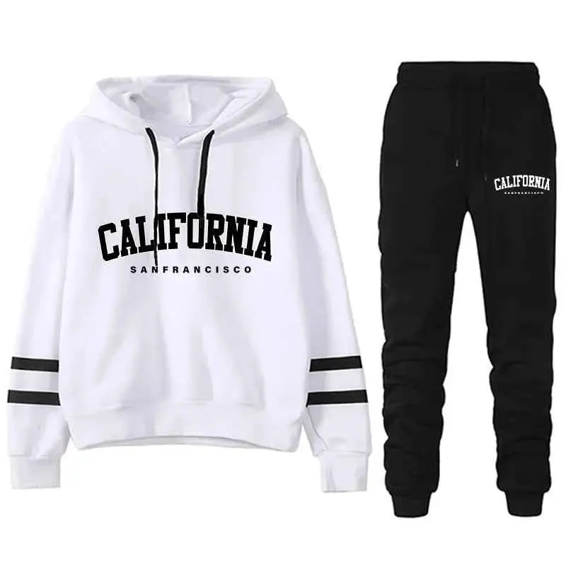 California Womens Tracksuit Set Casual Striped Hooded Sweatshirt and Pants Versatile Streetwear S to 3XL