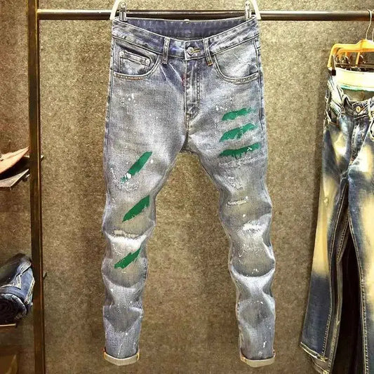 Skinny Cowboy Jeans For Men Slim Fit Print Denim Trousers Y2K 2000s Luxury Korean Fashion
