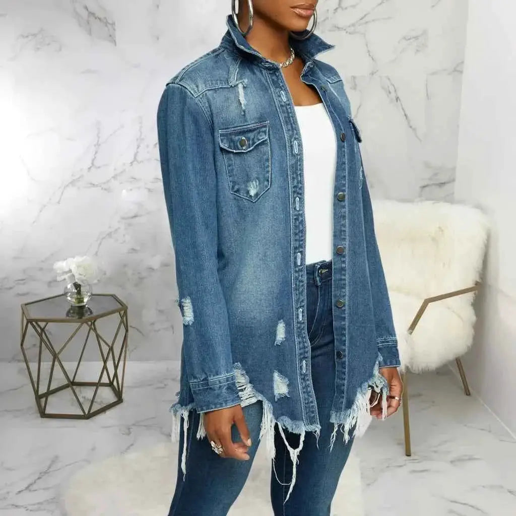 Women Denim Jackets Ripped Vintage Casual Long Sleeve Spring Summer 2024 Streetwear Chic Coat