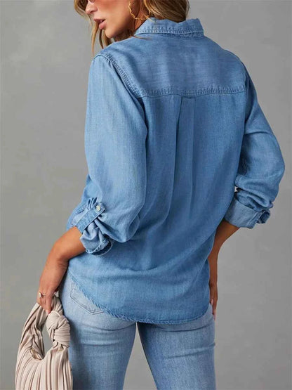 Womens Denim Shirt Solid Color Turn Down Collar Long Sleeve Jean Blouse Spring Casual Streetwear Top for Everyday Wear