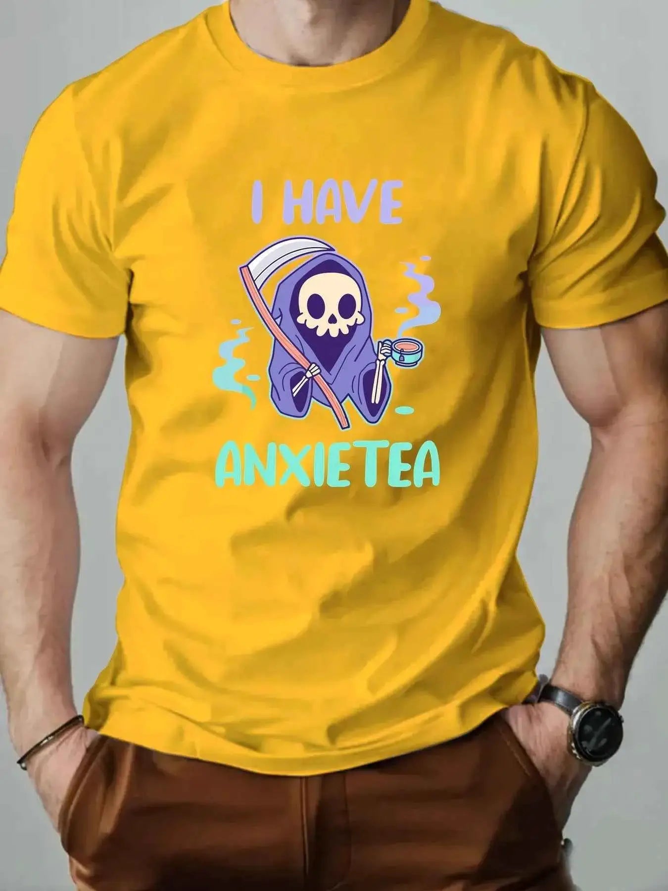 Men 100% Cotton Oversized T Shirt O Neck ANXIETEA Graphic Print Streetwear Casual Loose Fit Summer Tee Top For Daily Wear