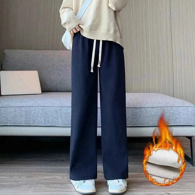 2024 Casual Women High Waist Wide Leg Thickened Long Pants for Autumn and Winter Trousers