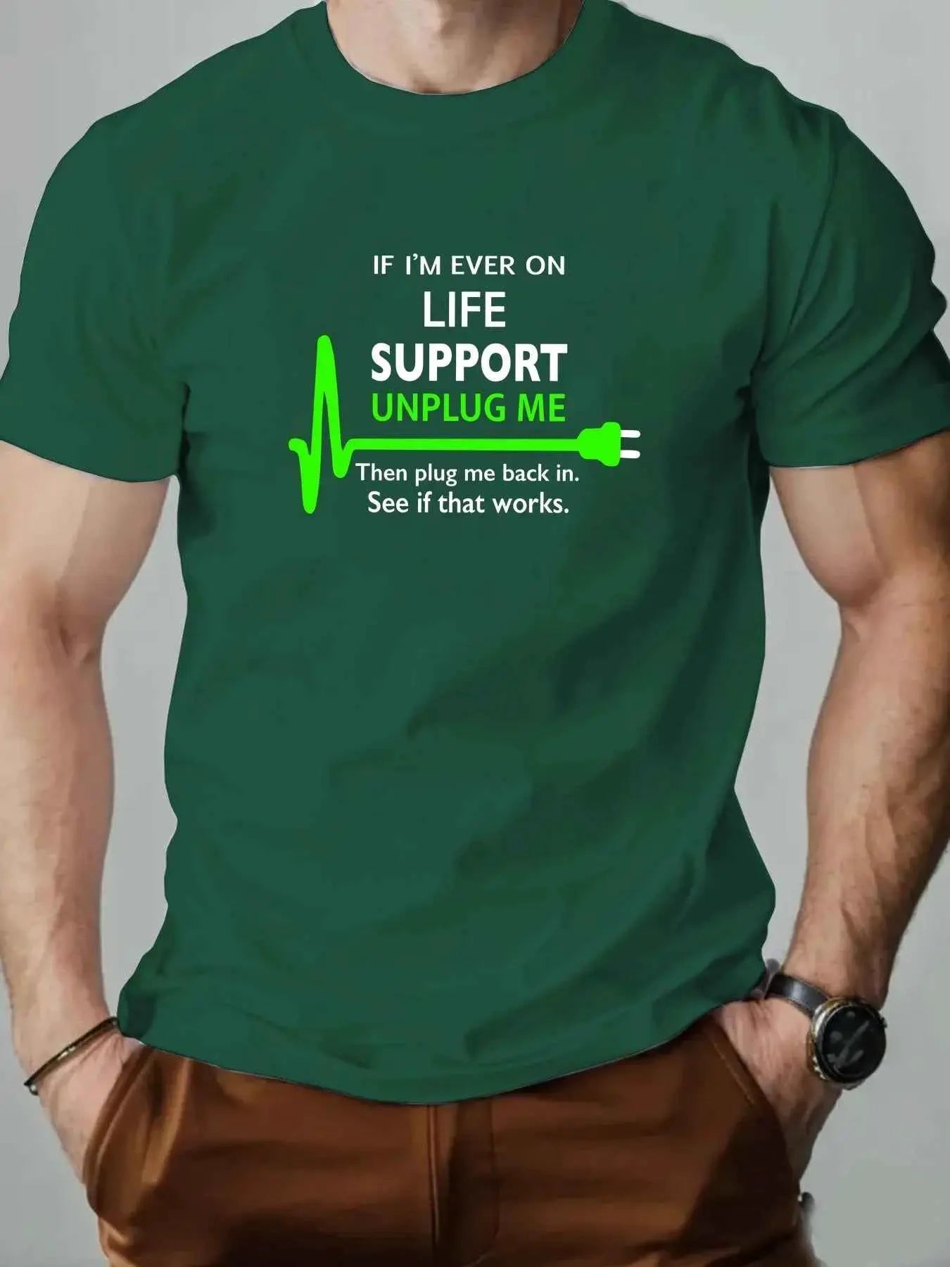 100 Percent Cotton Mens Round Neck T Shirt Life Support Unplug Socket Graphic Print Breathable Casual Oversized Tee