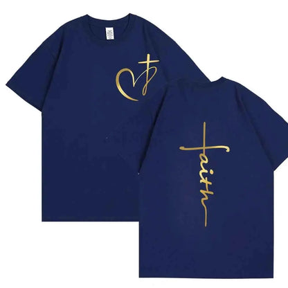 Women's Summer T Shirt Heart Cross Print Faith Jesus Tee Short Sleeve Top Fashion Brand Clothing
