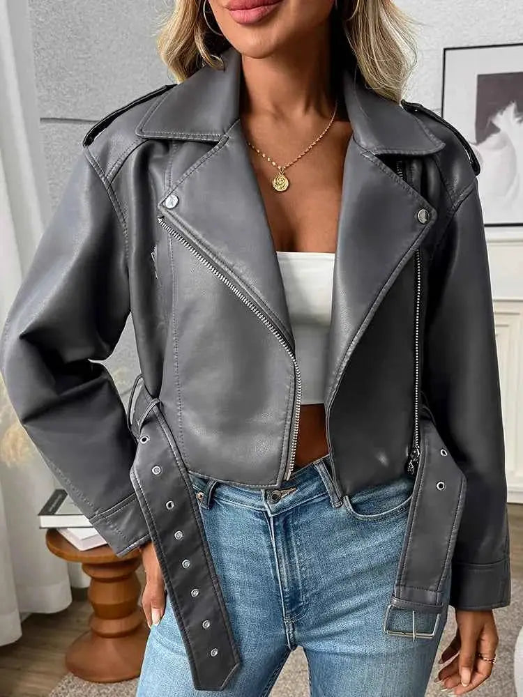Women Faux PU Leather Short Jacket Belted Motorcycle Style Zipper Lapel Spring Autumn Outwear