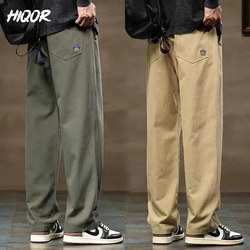 HIQOR Men Casual Cotton Vintage Jogger Pants Loose Straight Wide Leg Cargo Streetwear Trousers