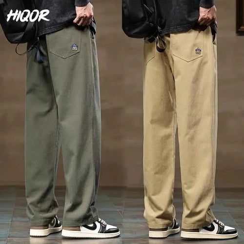 HIQOR Men Casual Cotton Vintage Jogger Pants Loose Straight Wide Leg Cargo Streetwear Trousers