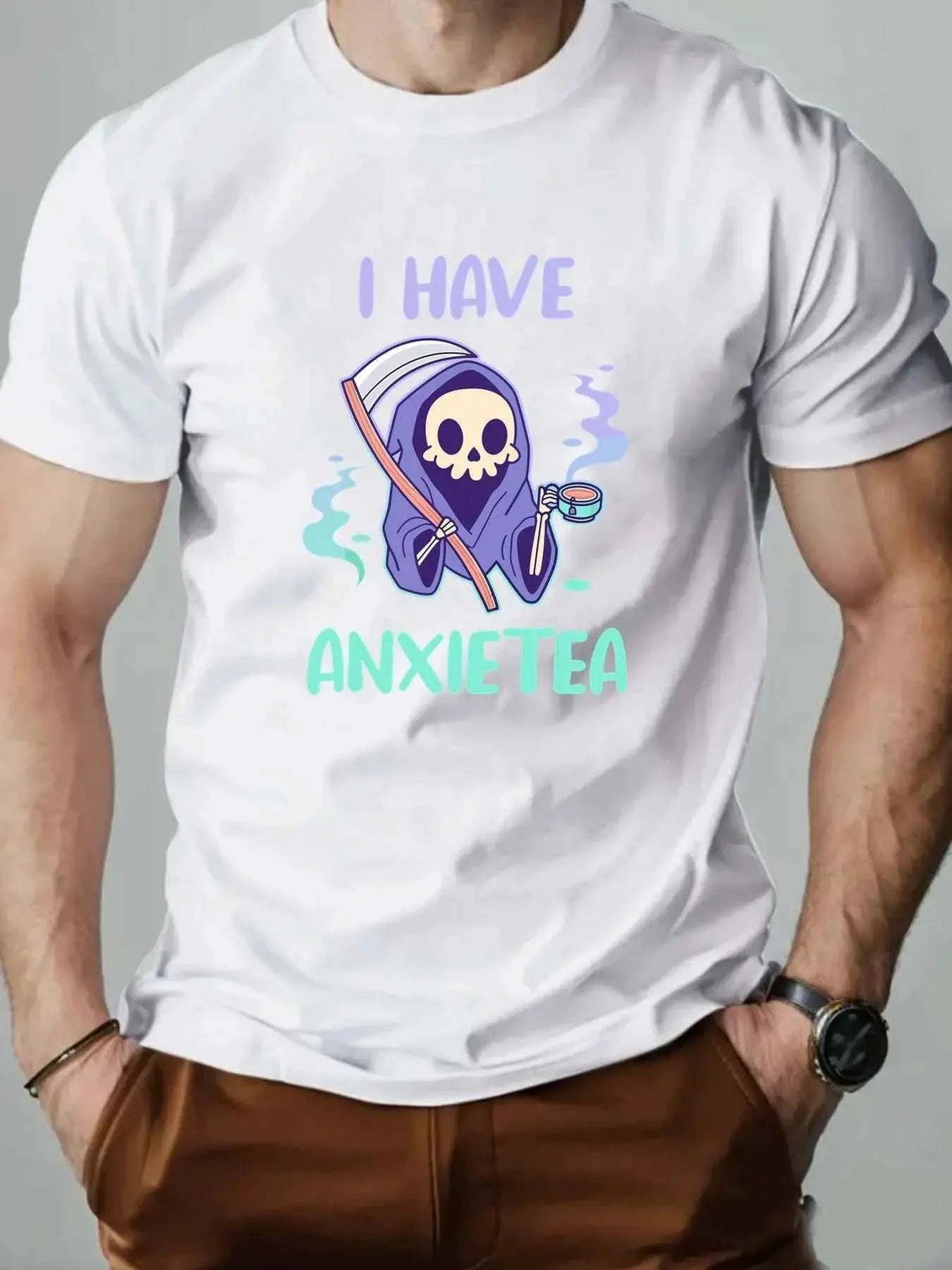 Men 100% Cotton Oversized T Shirt O Neck ANXIETEA Graphic Print Streetwear Casual Loose Fit Summer Tee Top For Daily Wear