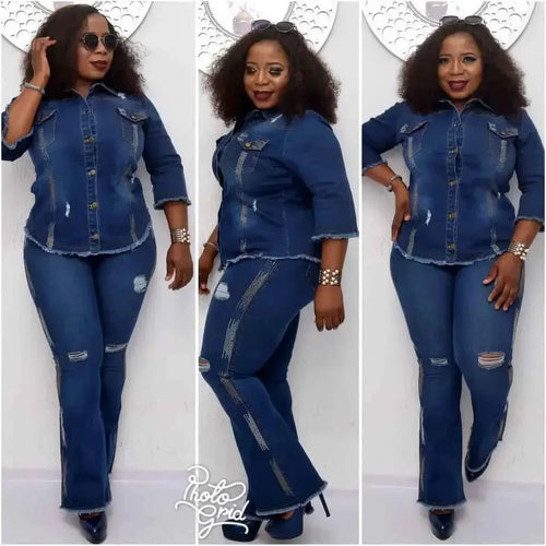 Women Two Piece Cowboy Suit Set With Jean Jacket And Flare Pants Single Breasted Turndown Collar Casual Ensemble