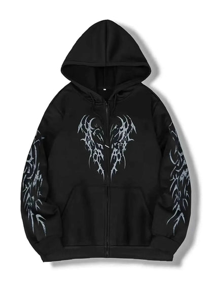 New Hooded Zip Up Hoodie Unisex Winter 100 Percent Cotton Gothic Print Vintage Fleece Sweatshirt Y2K Oversized