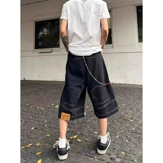 Men's Hip Hop Retro Inverted Waist Denim Shorts Loose Straight Leg Gothic Streetwear | TeenStylo — TeenStylo