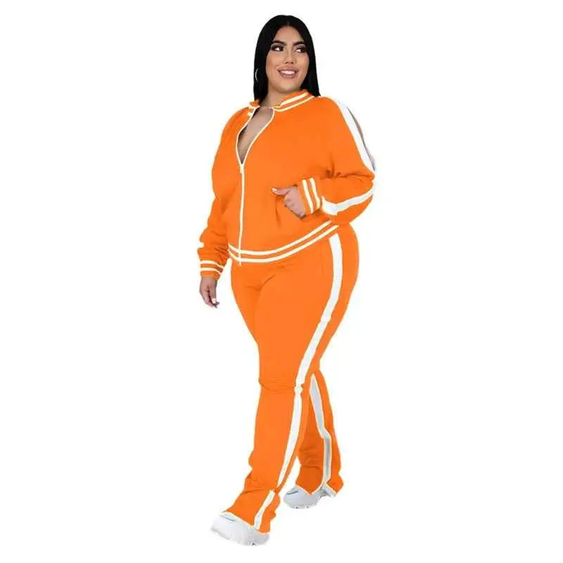 Plus Size Two Piece Sweatsuit For Women Zip Striped Top And Slit Jogger Pants Outfit Wholesale Dropshipping