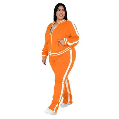 Plus Size Two Piece Sweatsuit For Women Zip Striped Top And Slit Jogger Pants Outfit Wholesale Dropshipping