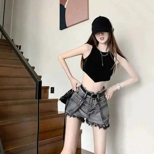 Korean Style High Waist Cargo Denim Shorts For Women Flowing Elastic Fit Trend 2025 Jeans Pants