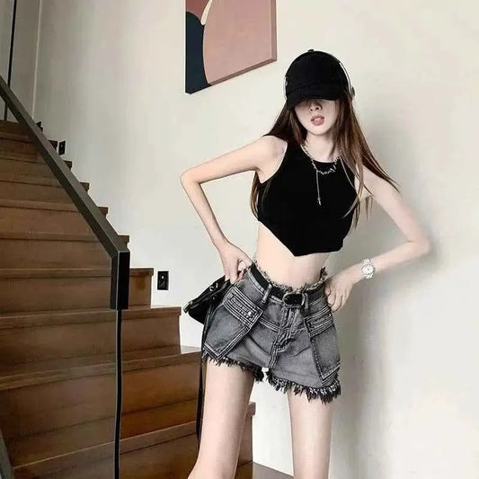 Korean Style High Waist Cargo Denim Shorts For Women Flowing Elastic Fit Trend 2025 Jeans Pants