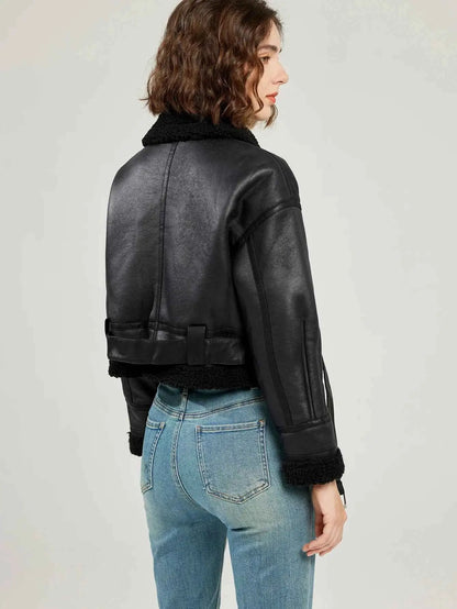 Fitaylor Winter Faux Lambswool Leather Jacket For Women High Street Motorcycle Outerwear Casual Short Coat