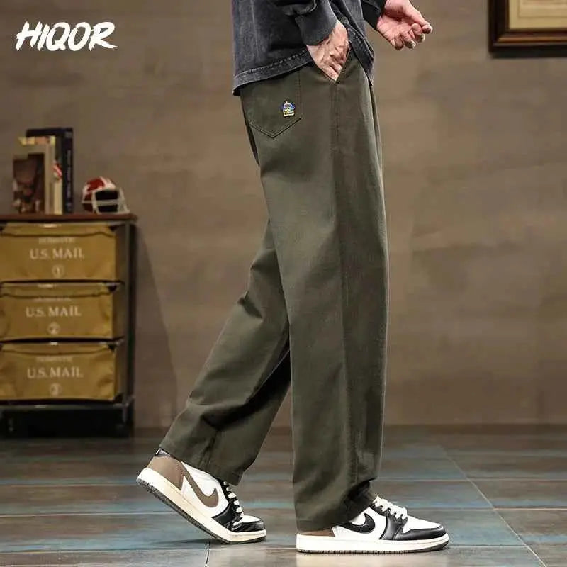 HIQOR Men Casual Cotton Vintage Jogger Pants Loose Straight Wide Leg Cargo Streetwear Trousers