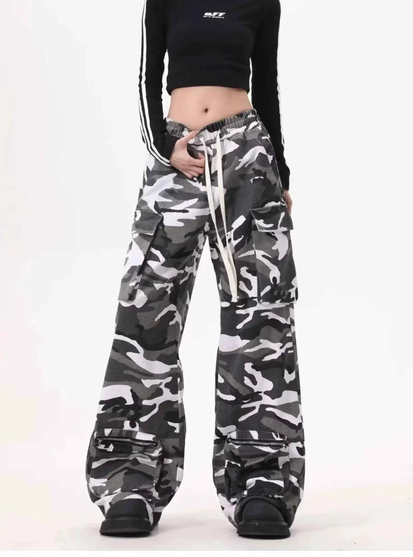 Y2K Baggy Cargo Pants Women Camouflage Print Wide Leg Joggers Hip Hop Streetwear Drawstring Casual Trousers