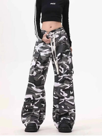 Y2K Baggy Cargo Pants Women Camouflage Print Wide Leg Joggers Hip Hop Streetwear Drawstring Casual Trousers