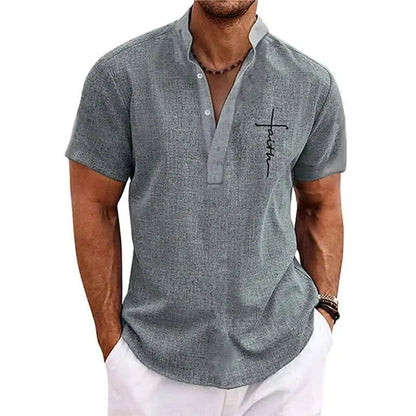 Faith Letter 3D Printed Henley Shirts For Men Oversized Button Stand Collar Short Sleeve T Shirt