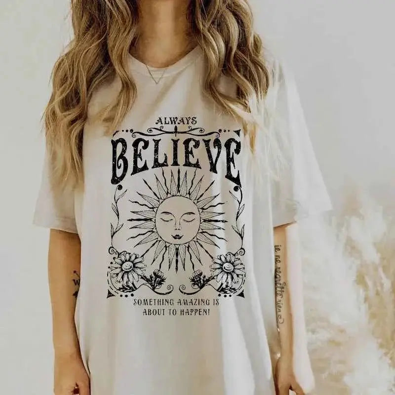 Vintage Witch Tee Shirt Always Believe Women Oversized Inspirational Retro Celestial Mystical T Shirts Hippie Boho Tops