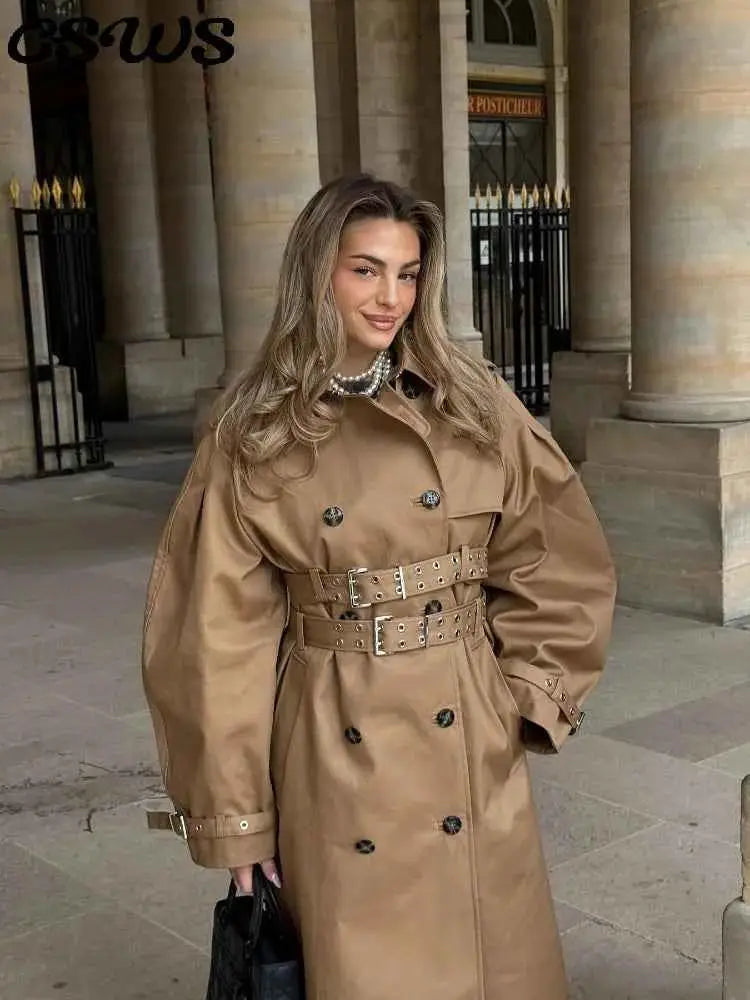 Khaki Women Windbreaker Jacket Double Belt Long Sleeve Lapel Button Casual Streetwear 2025 Autumn Winter