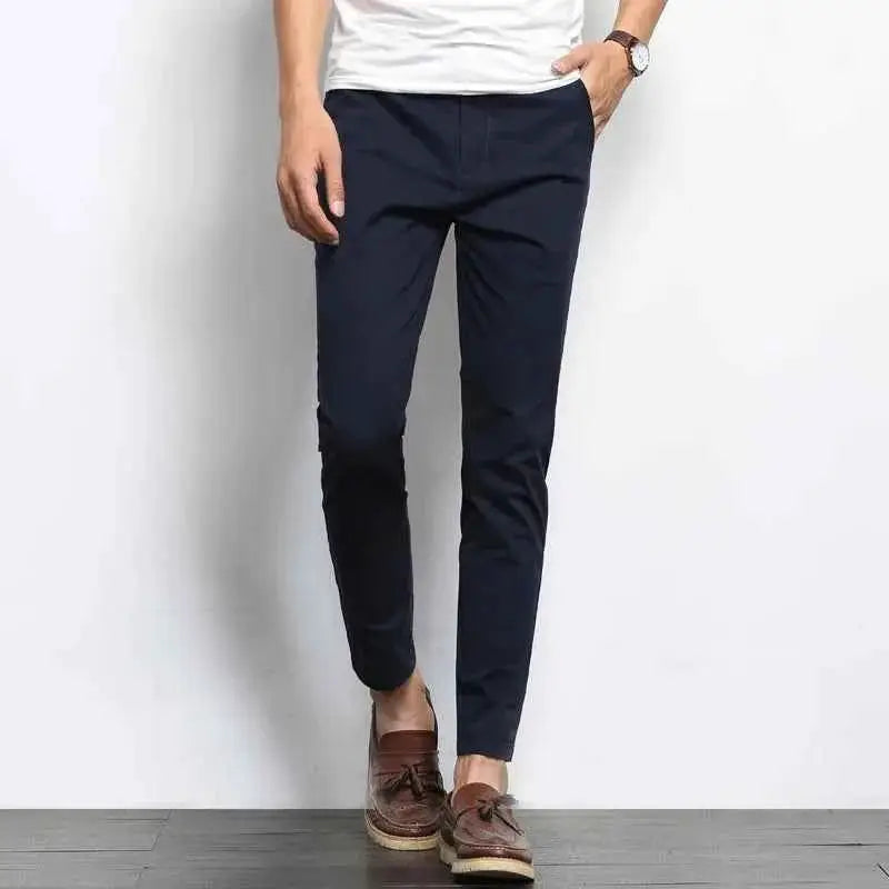 Browon Summer Men Casual Pants Solid Color Straight Leg Ankle Length Slight Elastic Waist High Quality Formal Trousers