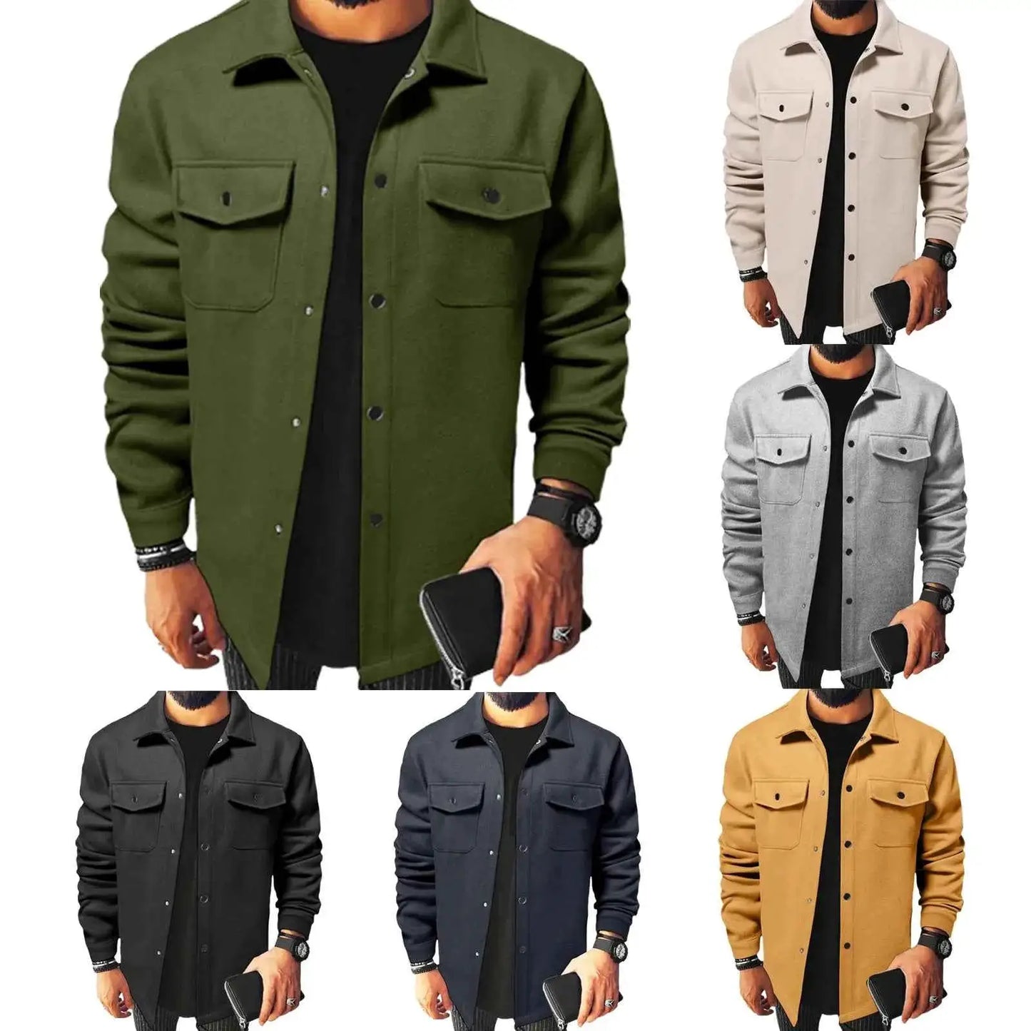 Men's Classic Solid Color Wool Jacket Casual Single Breasted Lapel Shirt Windbreaker Winter Outerwear