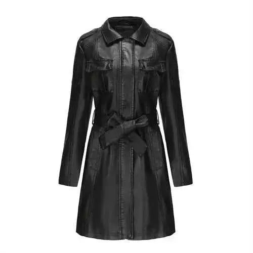 Black Women PU Leather Long Jacket Windbreaker For Spring And Autumn Lapel Single Breasted Long Sleeve