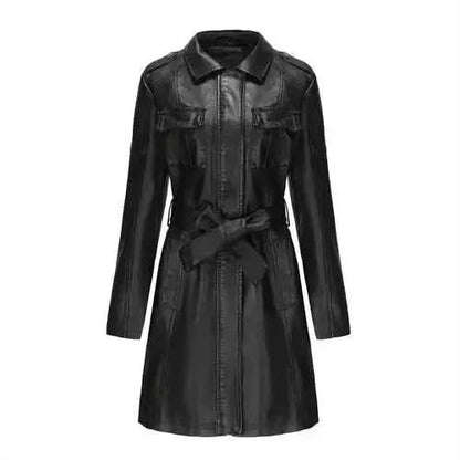 Black Women PU Leather Long Jacket Windbreaker For Spring And Autumn Lapel Single Breasted Long Sleeve