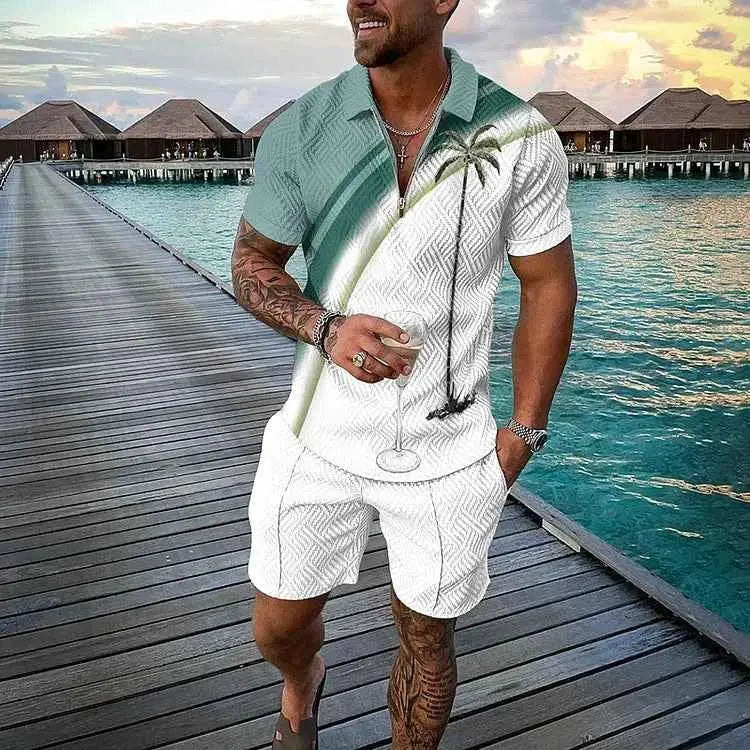 Mens Summer Tracksuit Set 3D Printed Casual Short Sleeve T Shirt With Lapel Zip Polo For Jogging