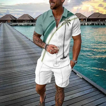 Mens Summer Tracksuit Set 3D Printed Casual Short Sleeve T Shirt With Lapel Zip Polo For Jogging