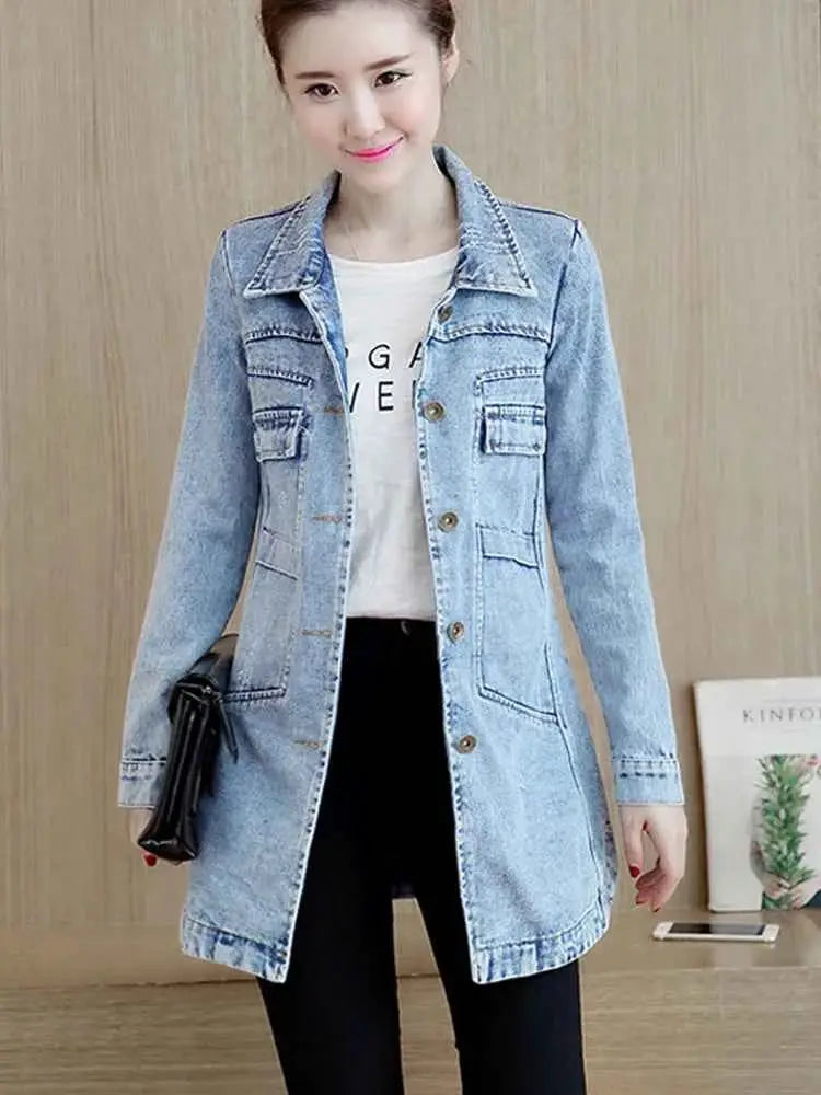 Zoki Autumn Women Denim Jacket Ripped Blue Long Sleeve Slim Fit Cotton Outwear 5XL