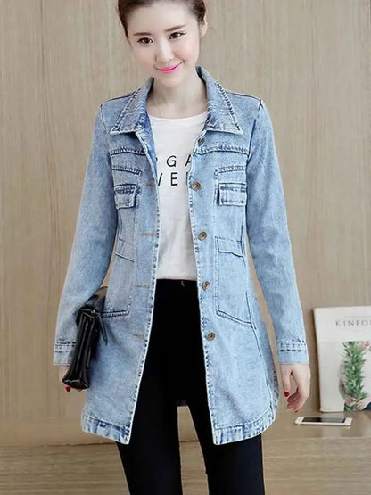 Zoki Autumn Women Denim Jacket Ripped Blue Long Sleeve Slim Fit Cotton Outwear 5XL