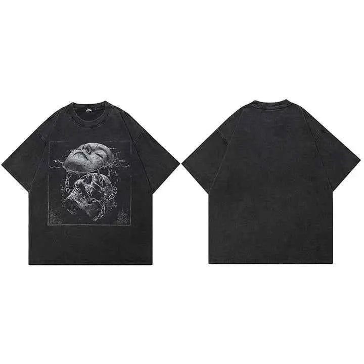 Hip Hop Streetwear Retro Washed Black T Shirt Men Cracked Face Skull Graphic Cotton Tee Harajuku Unisex Tops