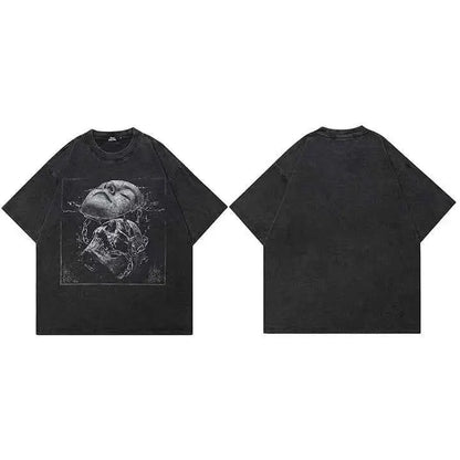 Hip Hop Streetwear Retro Washed Black T Shirt Men Cracked Face Skull Graphic Cotton Tee Harajuku Unisex Tops