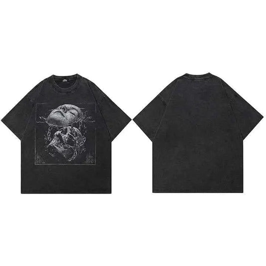 Hip Hop Streetwear Retro Washed Black T Shirt Men Cracked Face Skull Graphic Cotton Tee Harajuku Unisex Tops