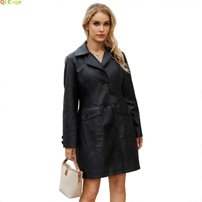 Black Women PU Leather Long Jacket Windbreaker For Spring And Autumn Lapel Single Breasted Long Sleeve