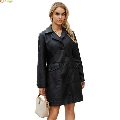 Black Women PU Leather Long Jacket Windbreaker For Spring And Autumn Lapel Single Breasted Long Sleeve