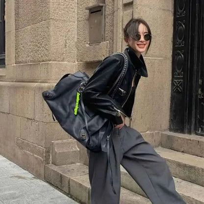 Punk Cropped Black Leather Jacket For Women Zipper Moto Biker Outerwear High Street Irregular Leather Coat New