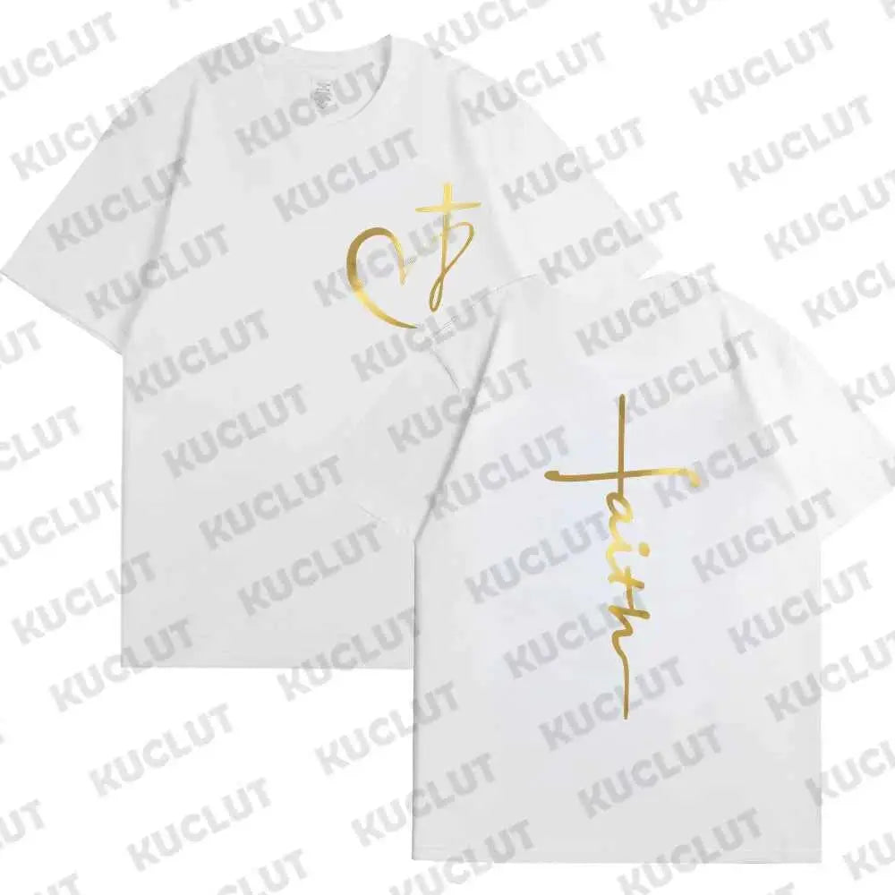 Women's Summer T Shirt Heart Cross Print Faith Jesus Tee Short Sleeve Top Fashion Brand Clothing