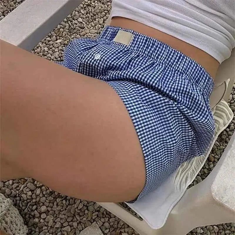 Breathable Women Plaid Lounge Boxer Shorts Elastic Waist Pajama Bottoms Sleepwear Y2K Casual Summer Gingham Shorts Beach